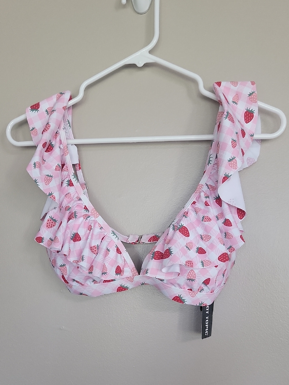 Hot Topic Pink White Red Strawberry Bikini Swimsuit Top Size S  NWT